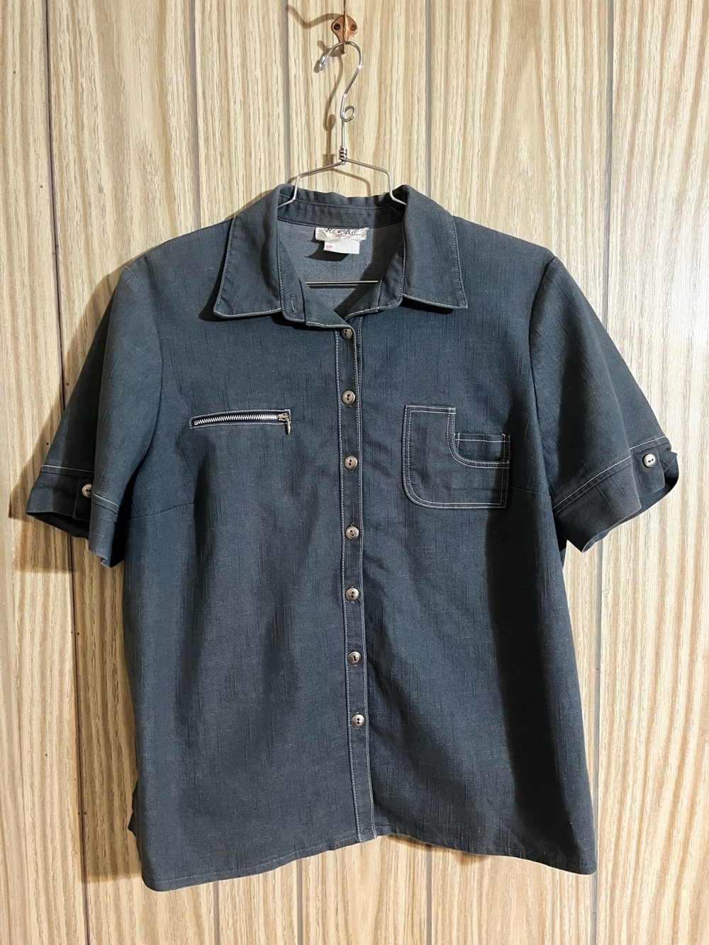 Vintage Krystal Dan Maly Charcoal Grey Short Sleeve Button Up Shirt Shoulder Pad